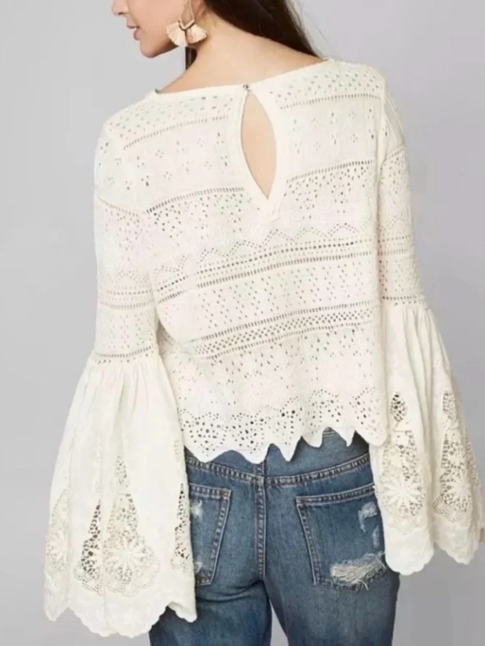 Free People “Once Upon a Time” crochet bell sleeve top